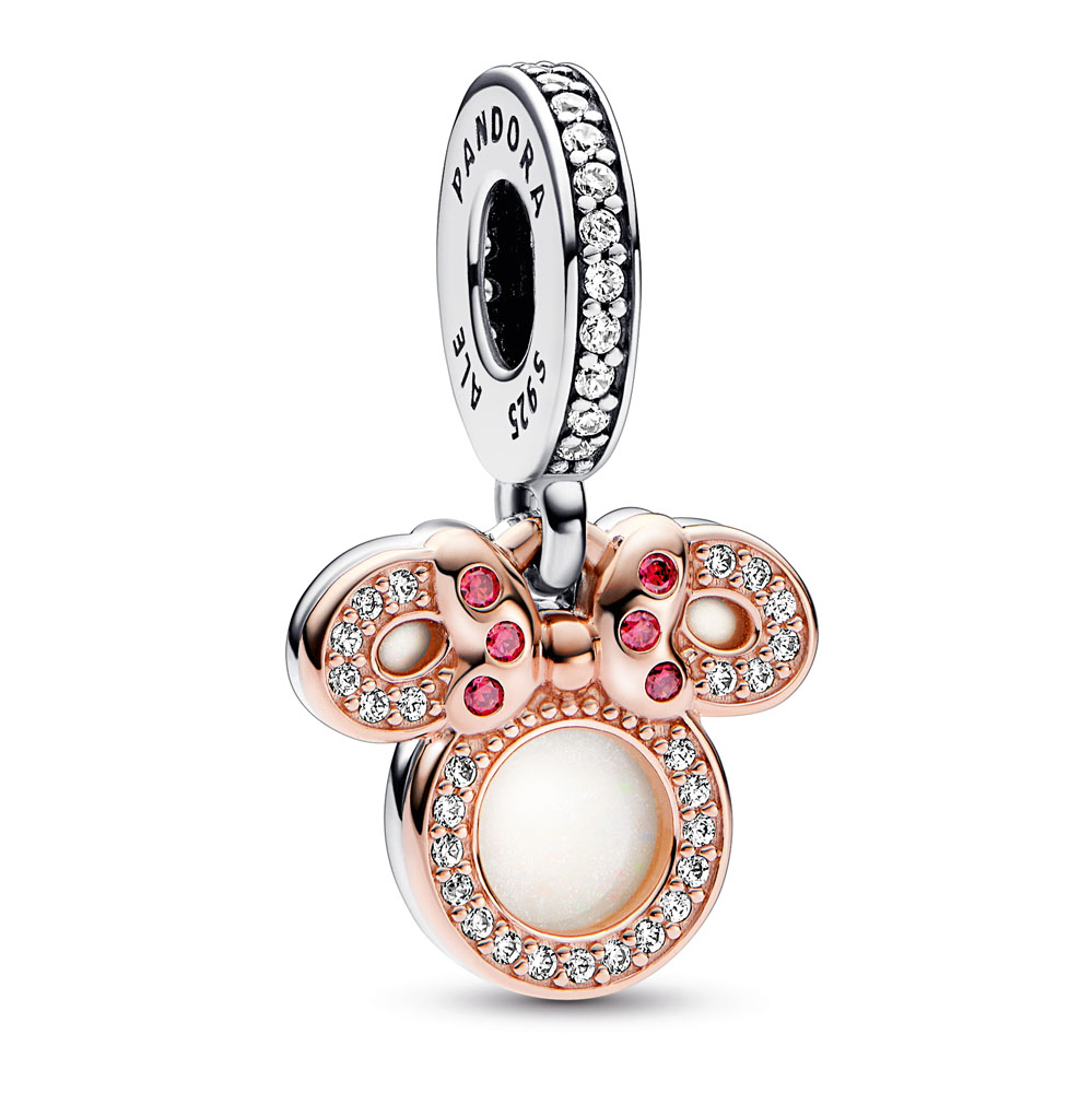 Disney Minnie sterling silver and 14k rose gold-plated double dangle with red, clear cubic zirconia and shimmering white enamel