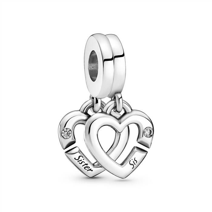 Sister Double Heart Hanging Silver Charm w Clear CZ