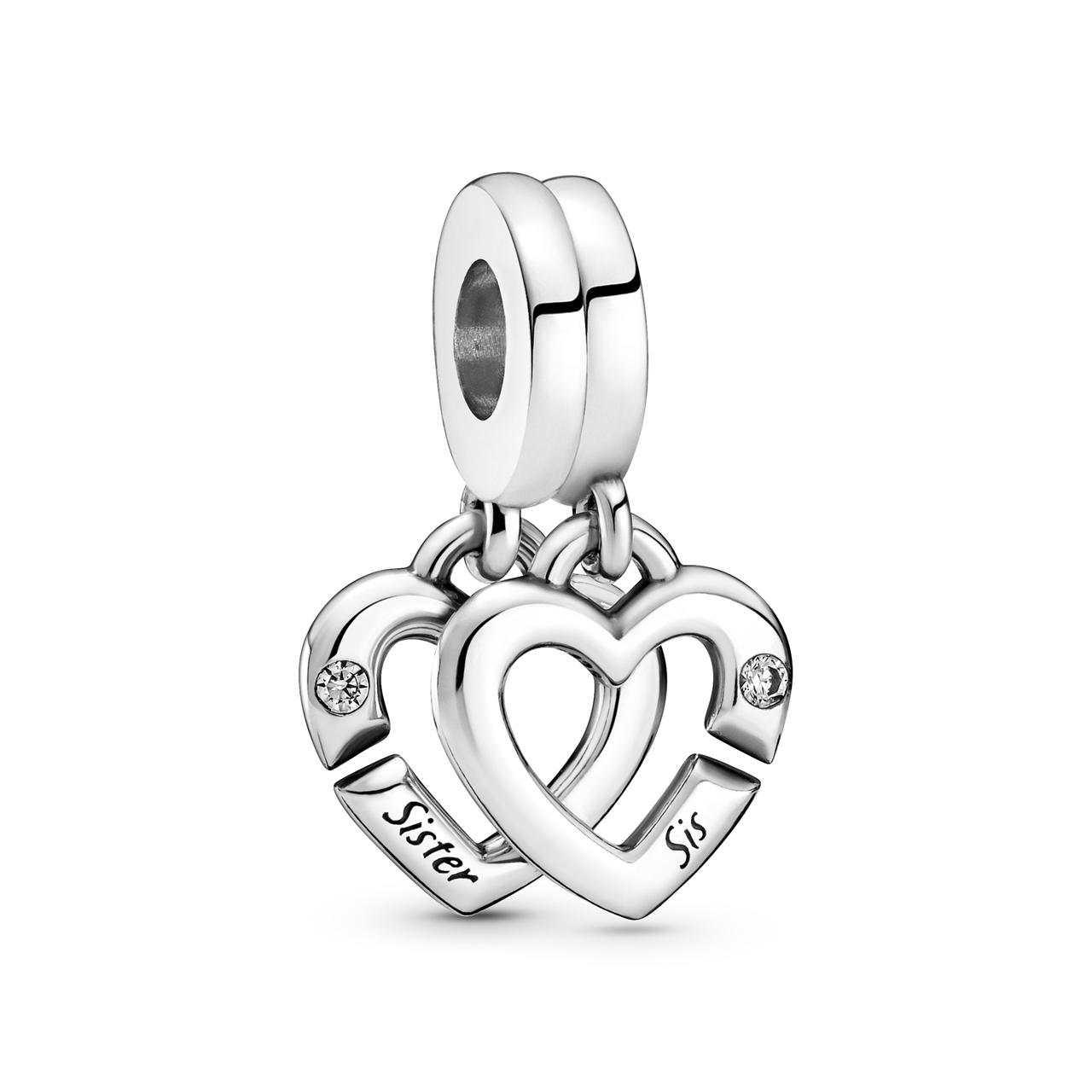 Sister Double Heart Hanging Silver Charm w Clear CZ