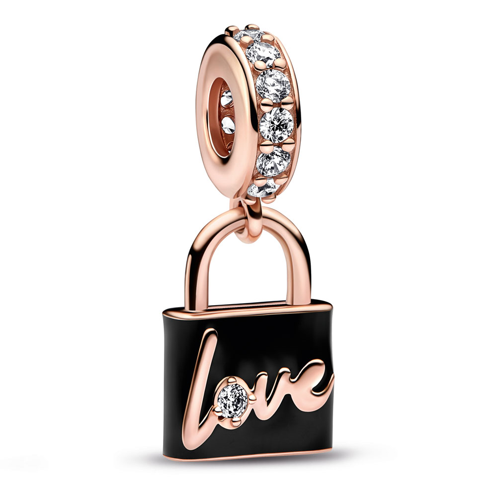 Padlock 14k rose gold-plated dangle with clear cubic zirconia and black enamel