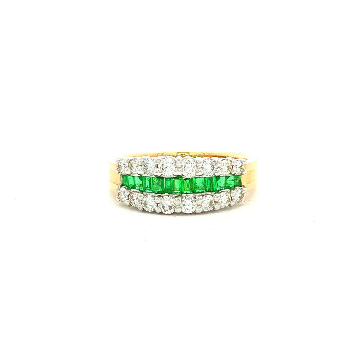 Emerald and Diamond Dress Ring in Two Tone Yellow and White Gold Setting