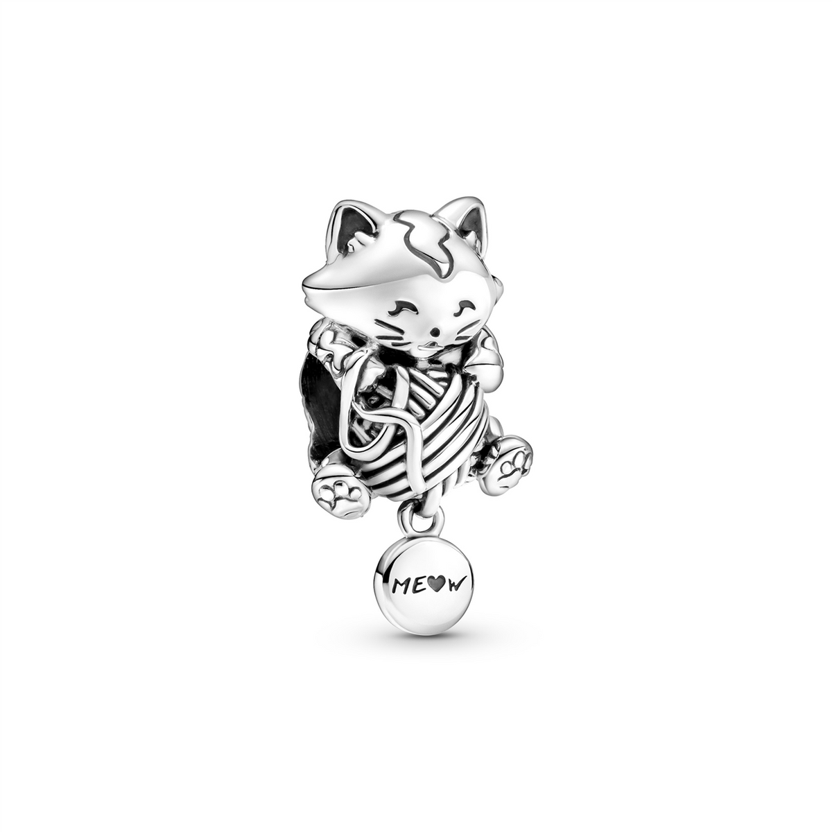 Kitten and Yarn Ball Silver Charm w Hanging Tail