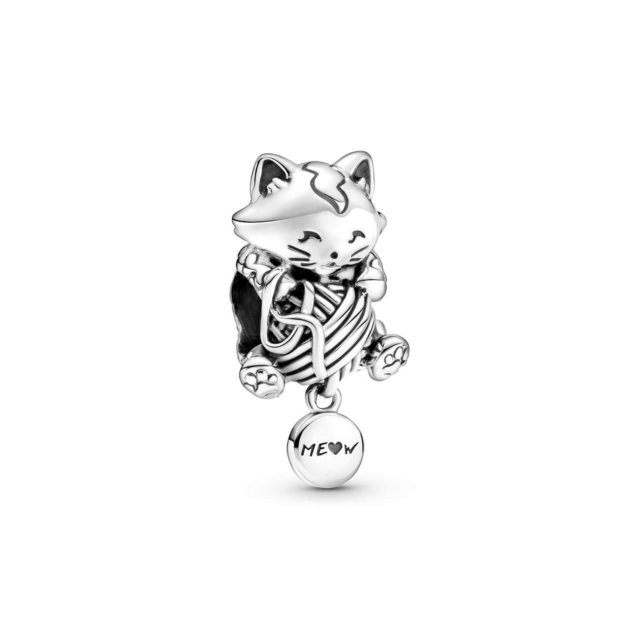 Kitten and Yarn Ball Silver Charm w Hanging Tail