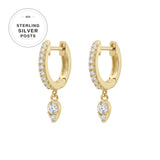 Premium Plated Brass CZ Teardrop Charm Huggie Earrings with Sterling Silver Posts