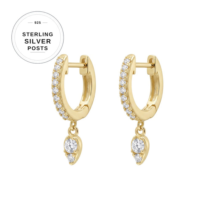 Premium Plated Brass CZ Teardrop Charm Huggie Earrings with Sterling Silver Posts