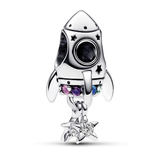 Space rocket sterling silver charm with phlox pink, royal purple, stellar blue and royal green crystal and clear cubic zirconia