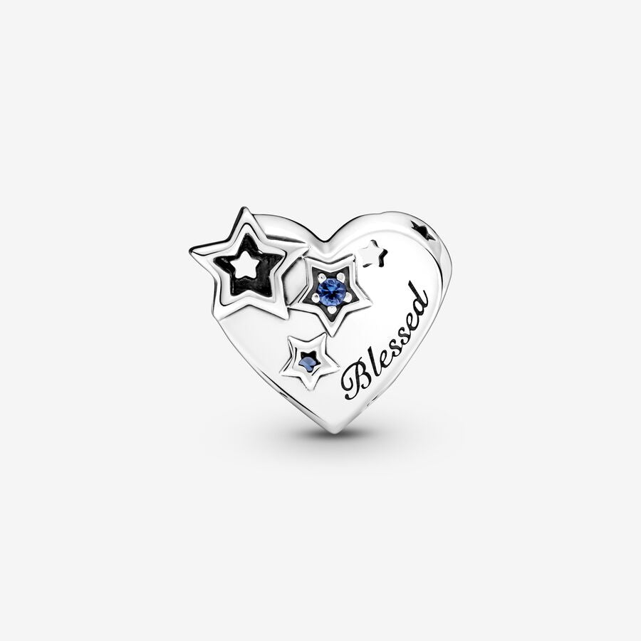 Thankful Heart Silver Charm w Stellar Blue Crystal