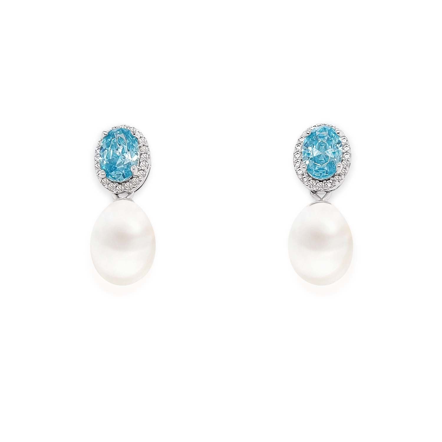 Sterling Silver Aqua CZ Halo & Freshwater Pearl Drop Earrings