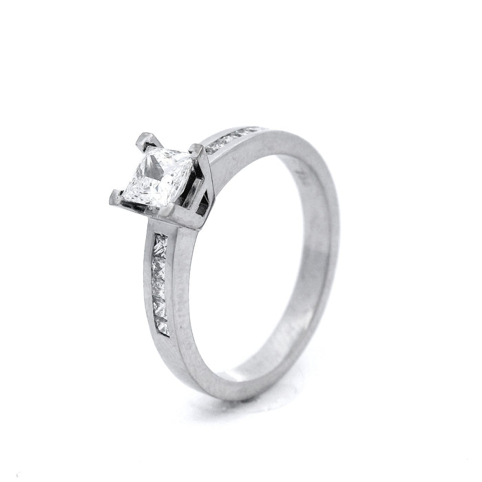 Princess Cut Shoulder Stone Side Engagement Ring in White Gold