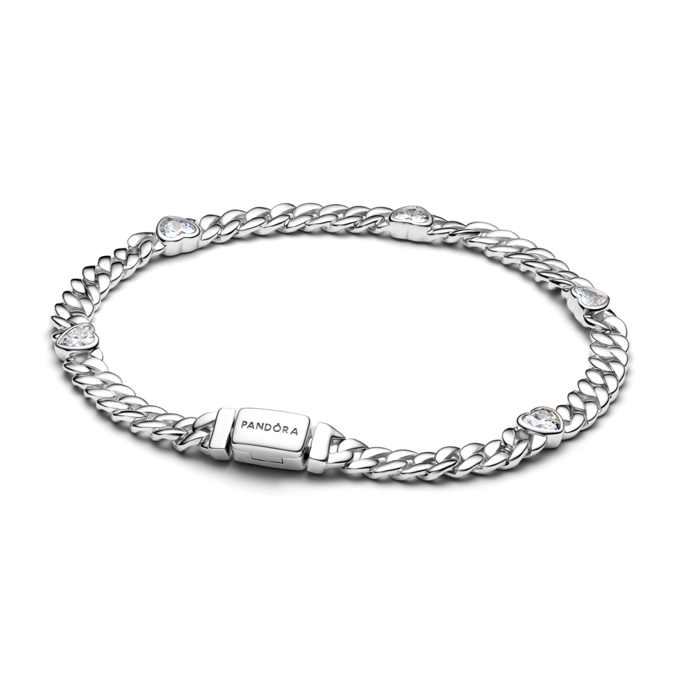 Heart cuban chain sterling silver bracelet with clear cubic zirconia