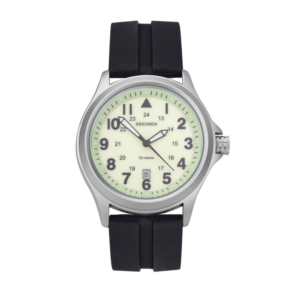 Sekonda Mens Black Silicon Strap Watch Luminous Cream Dial 43mm