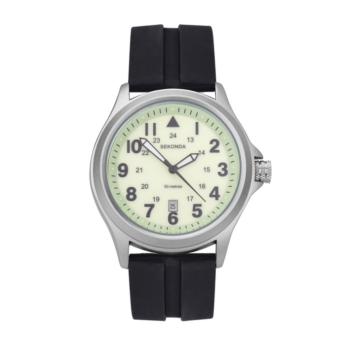 Sekonda Mens Black Silicon Strap Watch Luminous Cream Dial 43mm