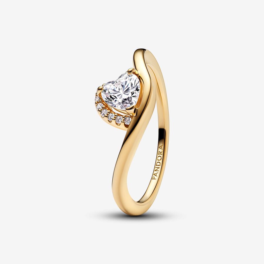 Wave heart 14k gold-plated ring with clear cubic zirconia