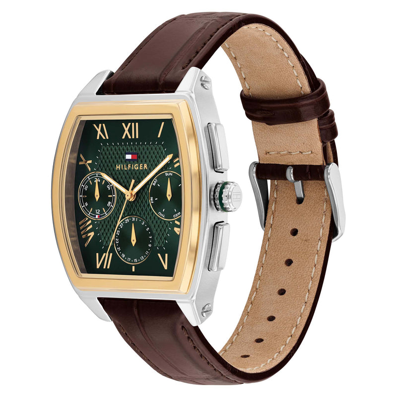 Tommy Hilfiger Dark Brown Leather Green Dial Multi-function Men's Watch