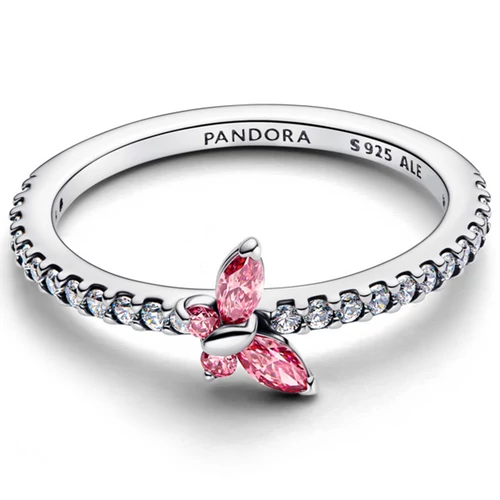Butterfly sterling silver ring with fancy pink and clear cubic zirconia