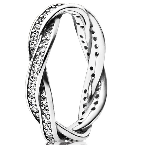 Braided Pave Silver Ring Band w Clear CZ