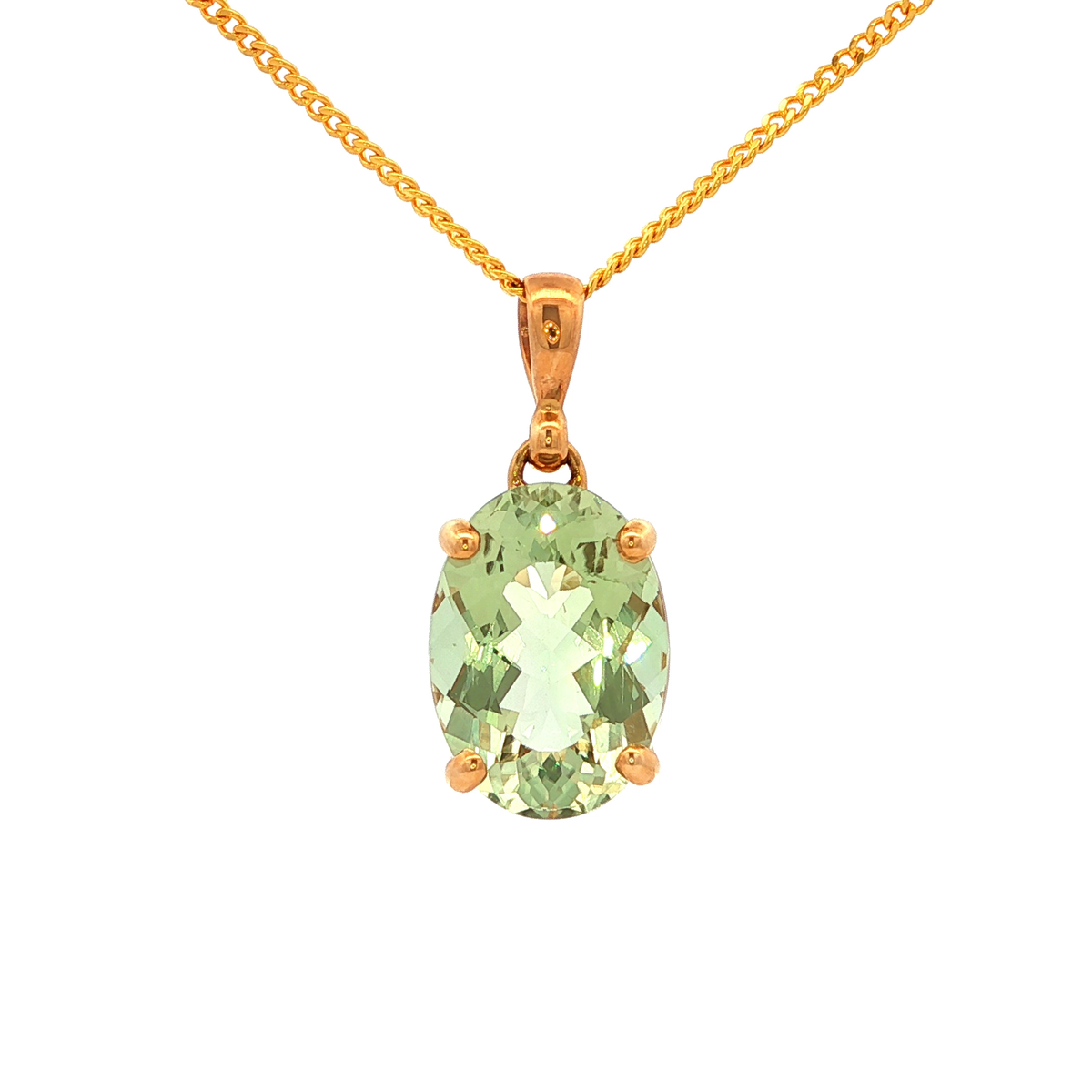 Oval Faceted Green Amethyst Pendant in Yellow Gold
