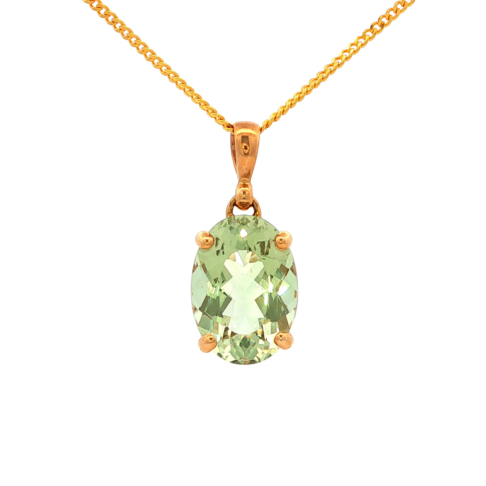 Oval Faceted Green Amethyst Pendant in Yellow Gold