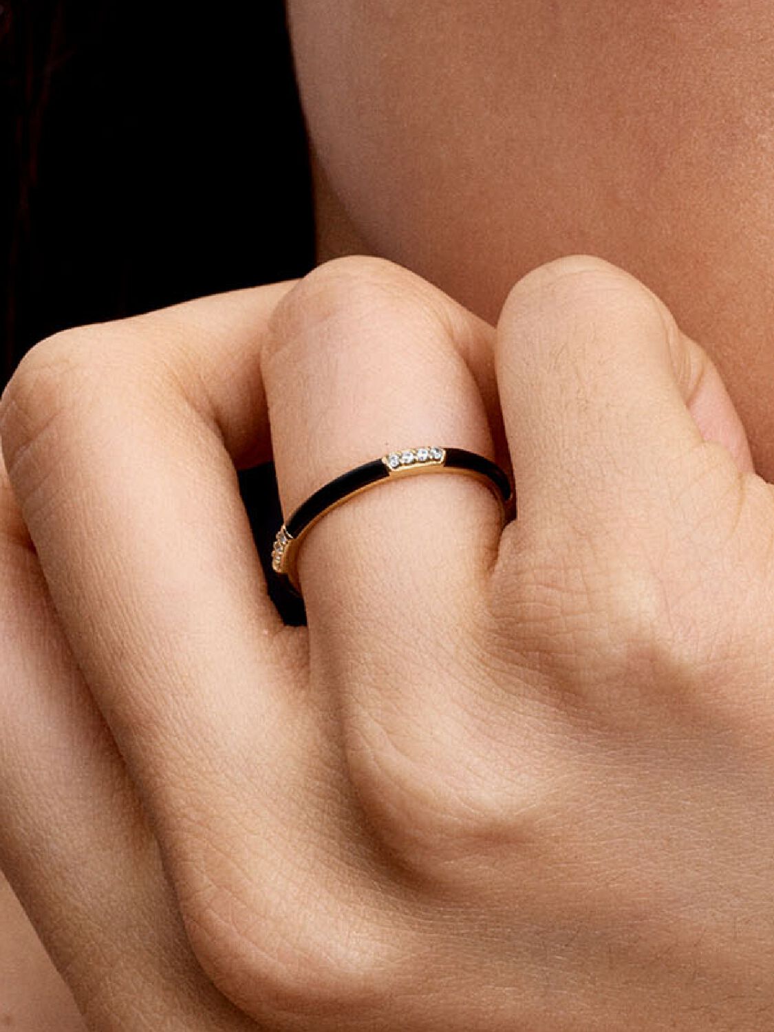 14k Gold-plated ring with clear cubic zirconia and black enamel