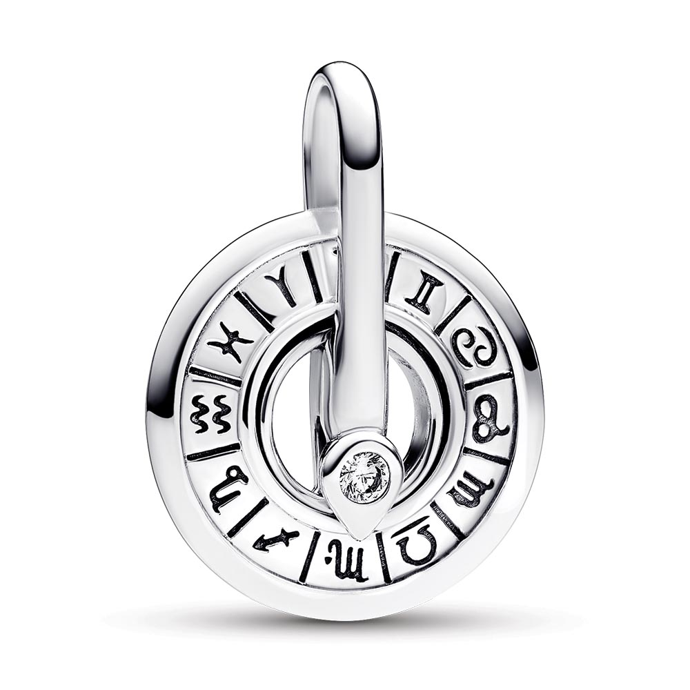 Zodiac wheel sterling silver medallion with clear cubic zirconia