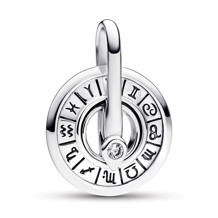 Zodiac wheel sterling silver medallion with clear cubic zirconia