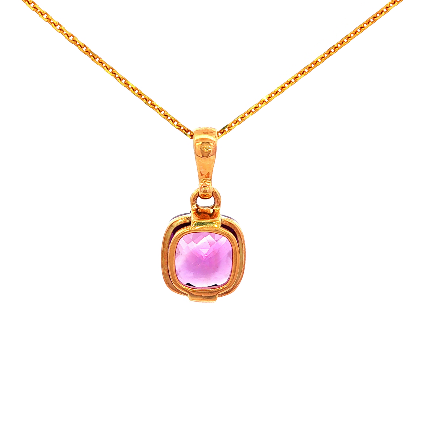 Cushion Cut Facet Natural Amythest Pendant Set in 9 Yellow Gold