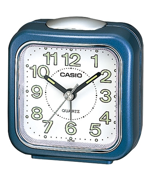 Casio Blue Alarm Clock with White Dial and Built in Microlight. Model: TQ142-2