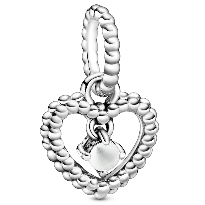 April Milky White Heart Silver Hanging Charm with Man-Made Milky White Crystal