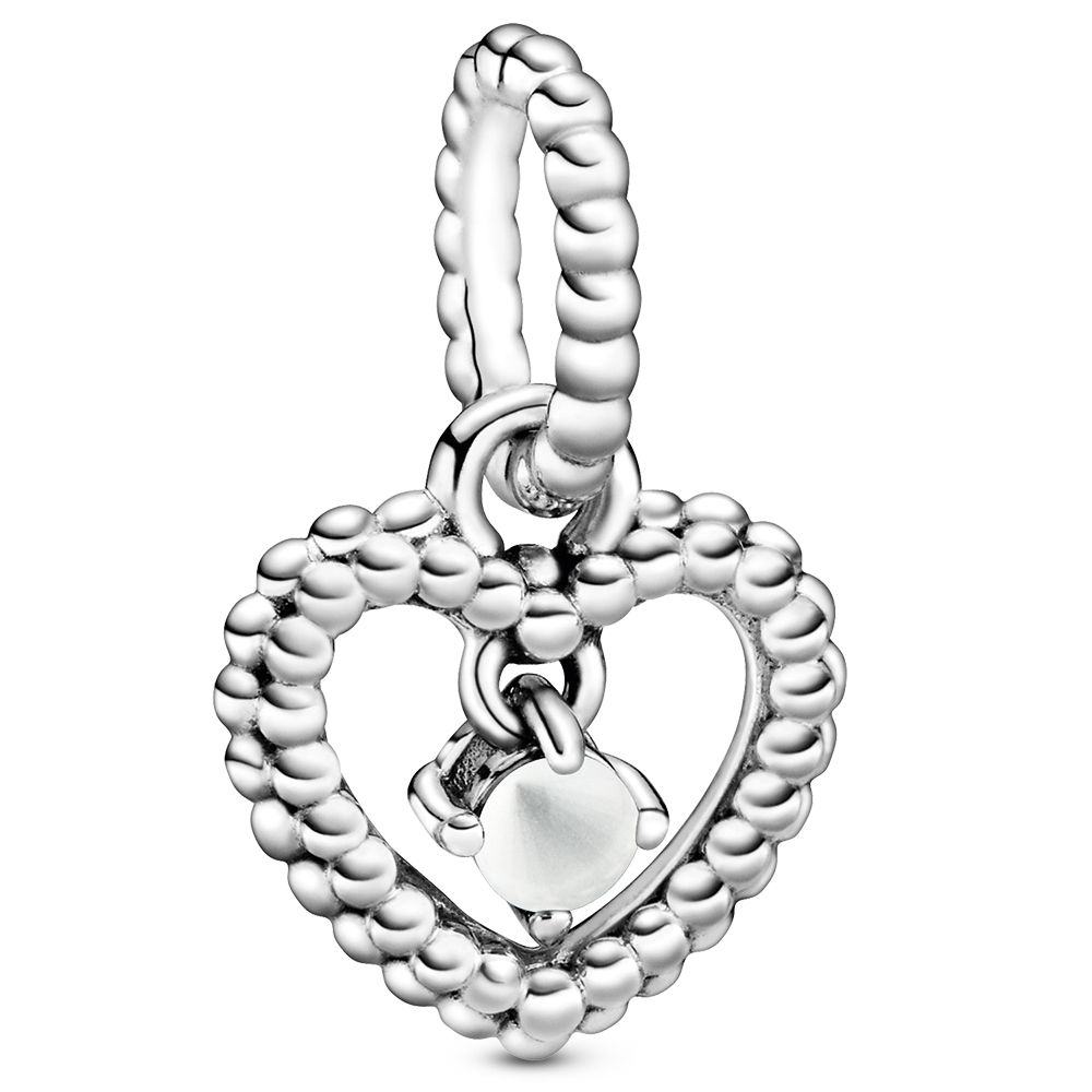 Pandora April Milky White Heart Silver Hanging Charm with Man-Made Milky White Crystal
