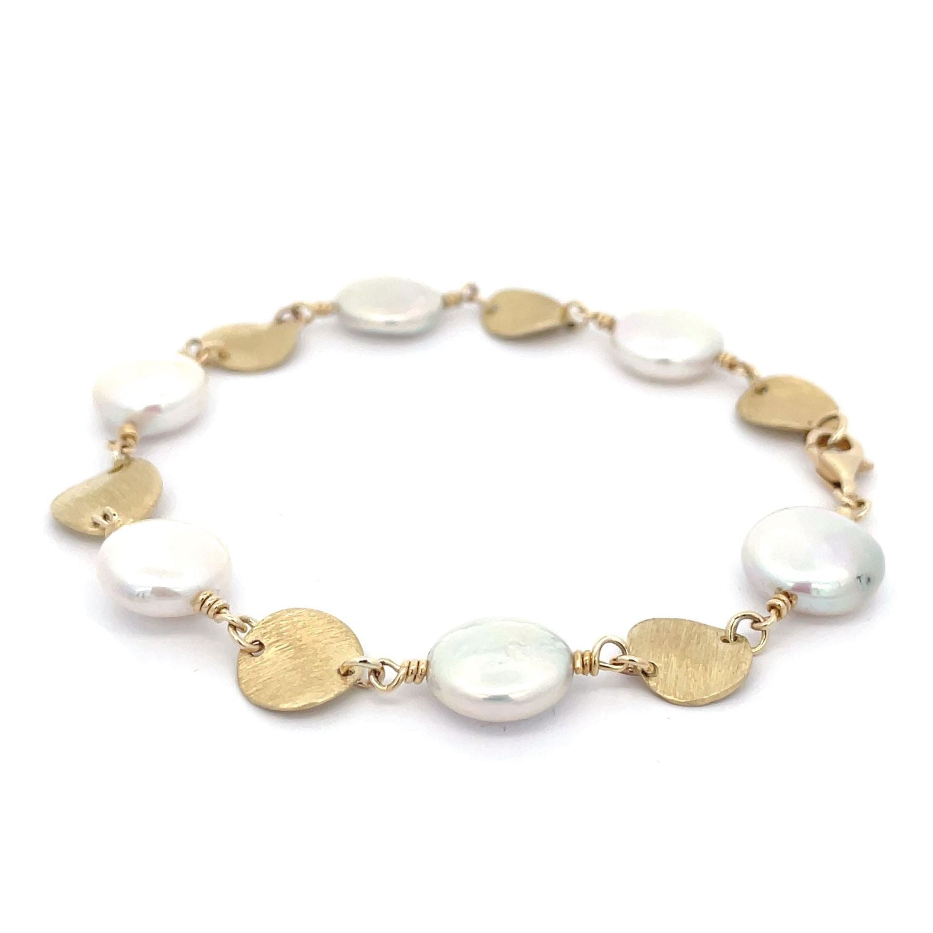 Pearl and Yellow Gold Brush Disc Bracelet