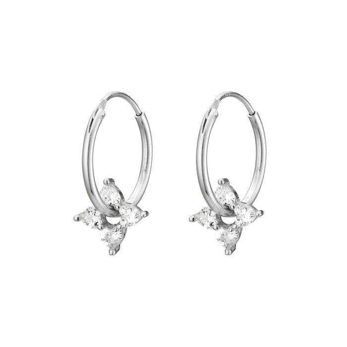 Sterling Silver Fine Hoop Earrings with “Floating” CZ Flower
