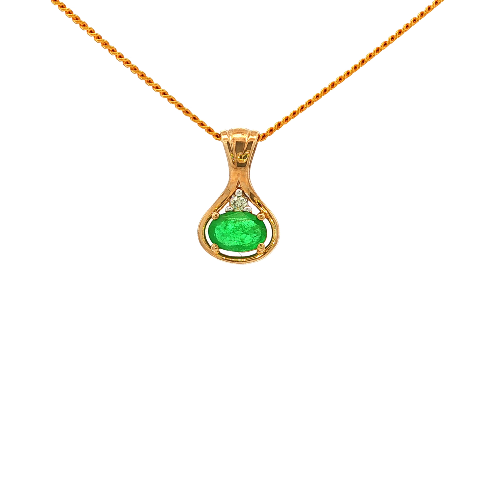 Four Claw Oval Emerald and Diamond Pendant in Yellow Gold