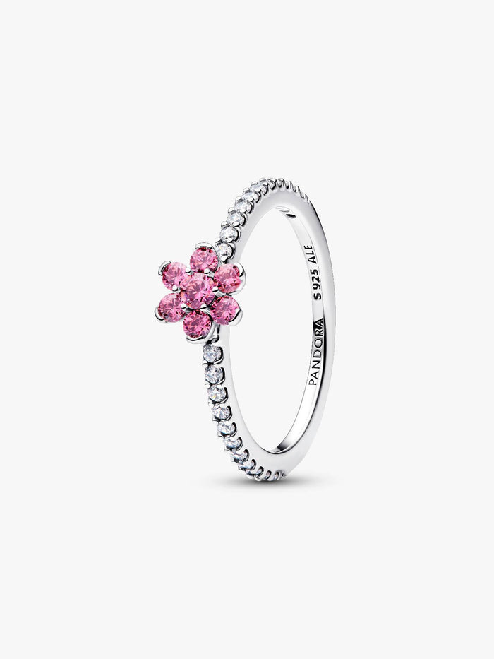 Flower sterling silver ring with fancy pink and clear cubic zirconia