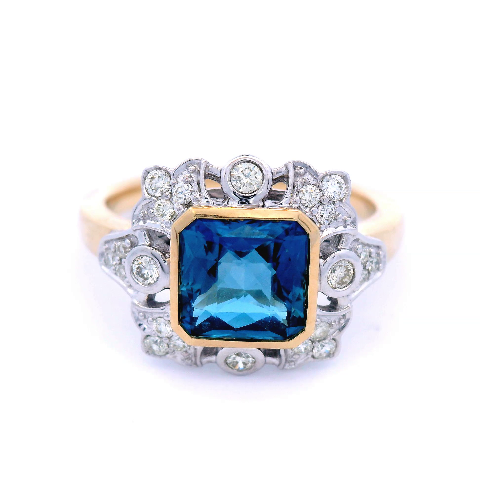 9 Carat Yellow Gold Diamond and London Blue Topaz Ring