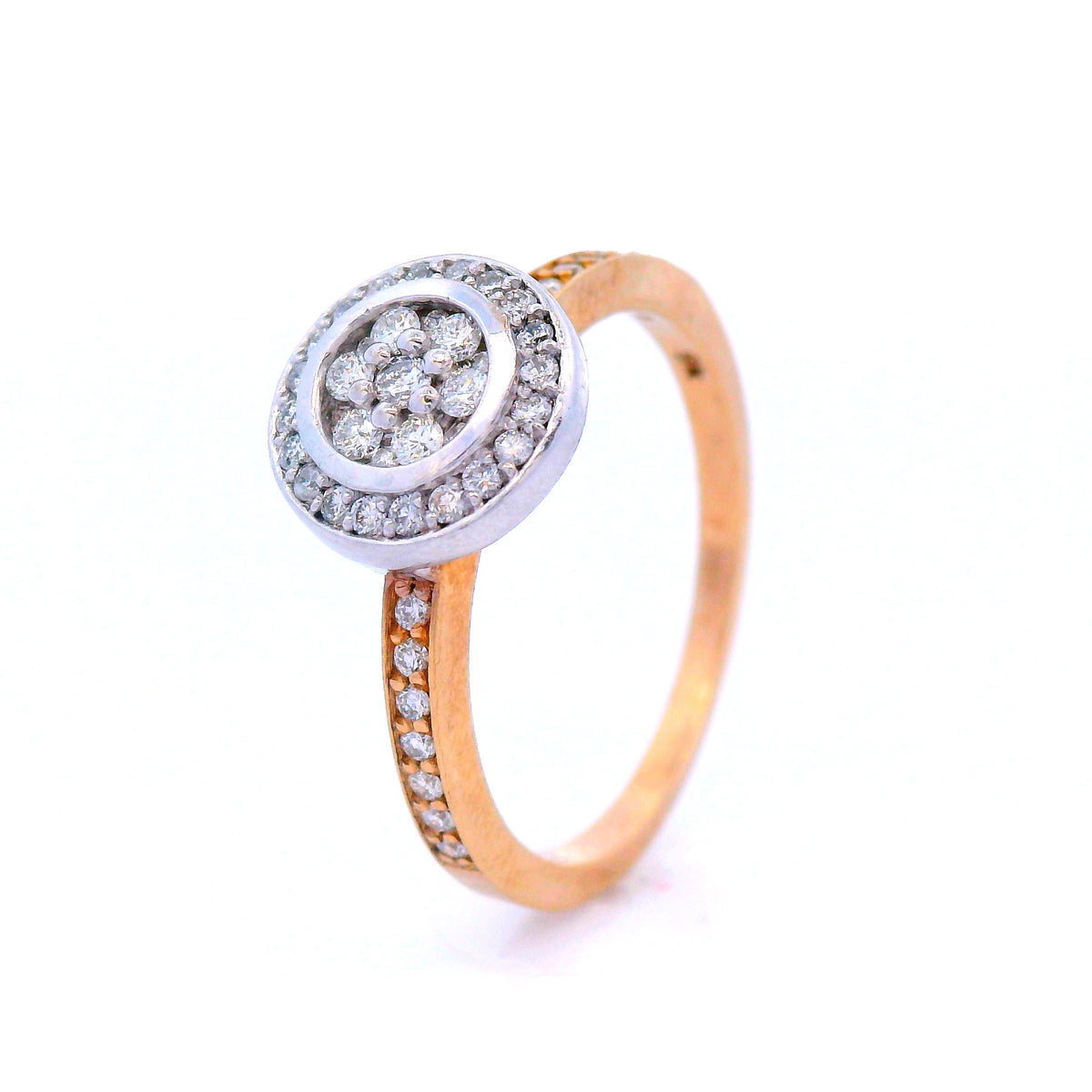 Halo Set Diamond Ring in a Two Tone Gold