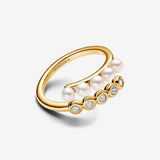 14k Gold-plated open ring with white treated freshwater cultured pearl and clear cubic zirconia