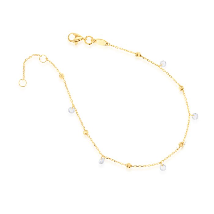 9 Carat Yellow Gold Fine Chain Ball & Crystal Bracelet