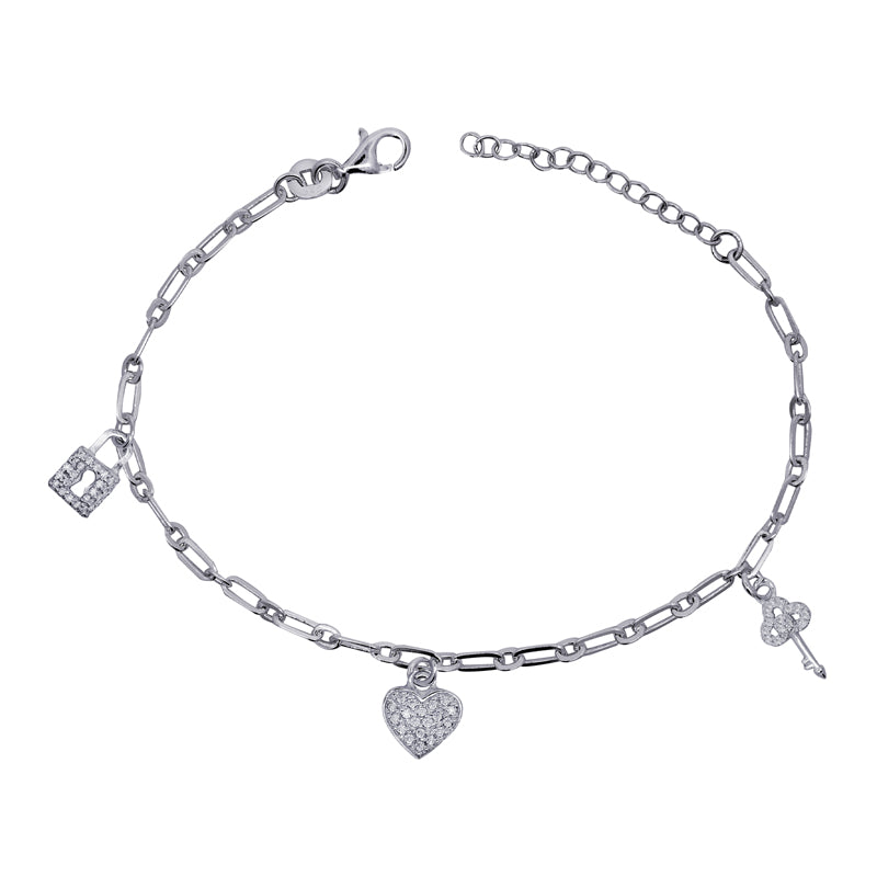 Sterling Silver Charm Bracelet with White Cz Padlock, Heart & Key