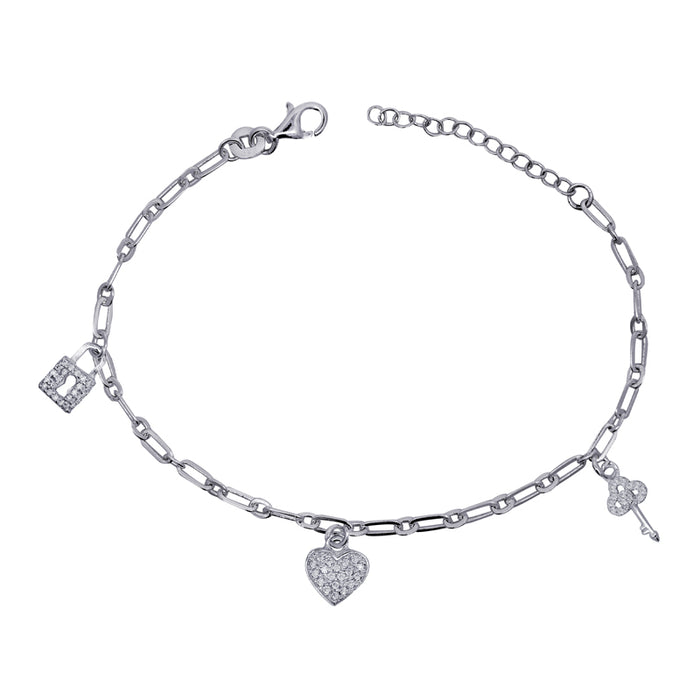 Sterling Silver Charm Bracelet with White Cz Padlock, Heart & Key