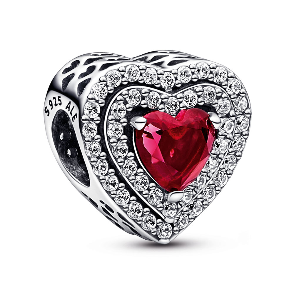 Heart sterling silver charm with cherries jubilee red crystal and clear cubic zirconia