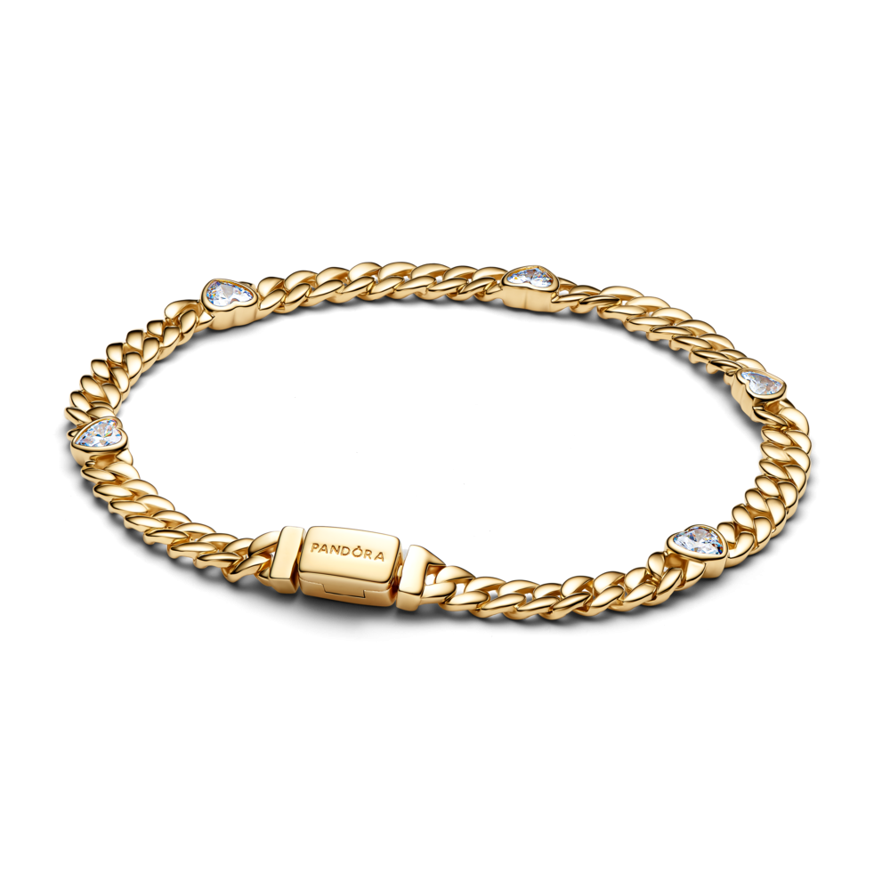 Heart cuban chain 14k gold-plated bracelet with clear cubic zirconia