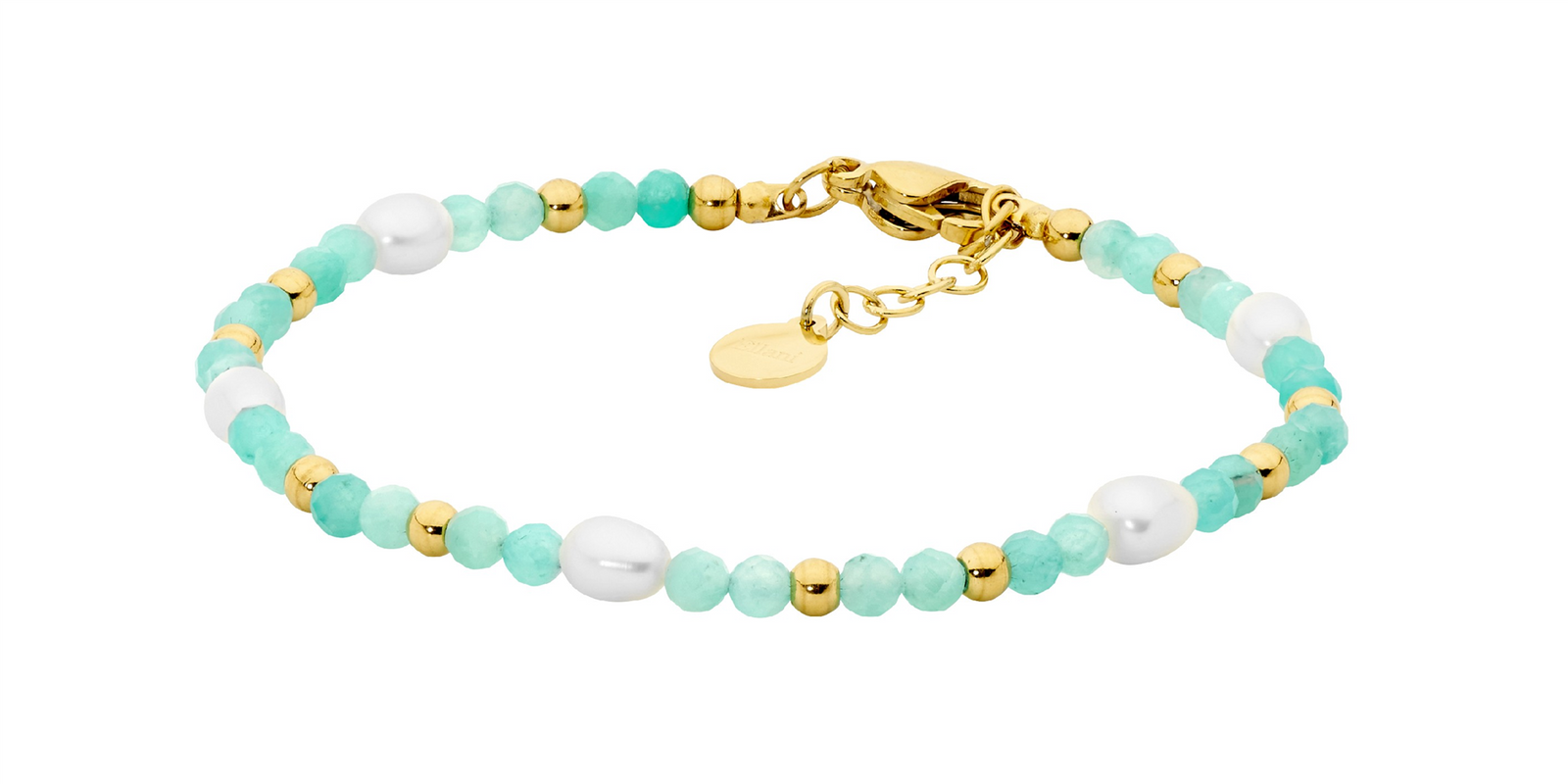 Ellani Stainless Steel Amazonite & Freshwater Pearl 17.5Cm Bracelet w/Gold IP Plating