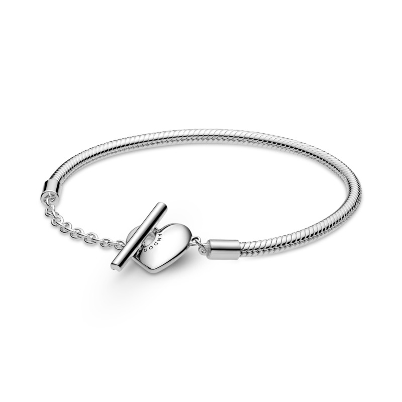 Pandora Moments Engravable Heart T-Bar Snake Chain Silver Bracelet