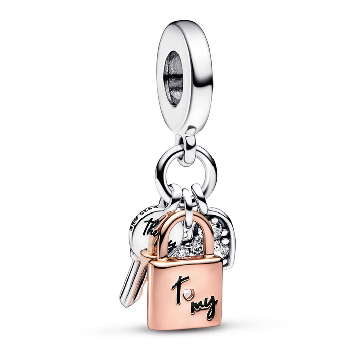 Padlock, key and heart sterling silver and 14k rose gold-plated dangle with clear cubic zirconia and black enamel