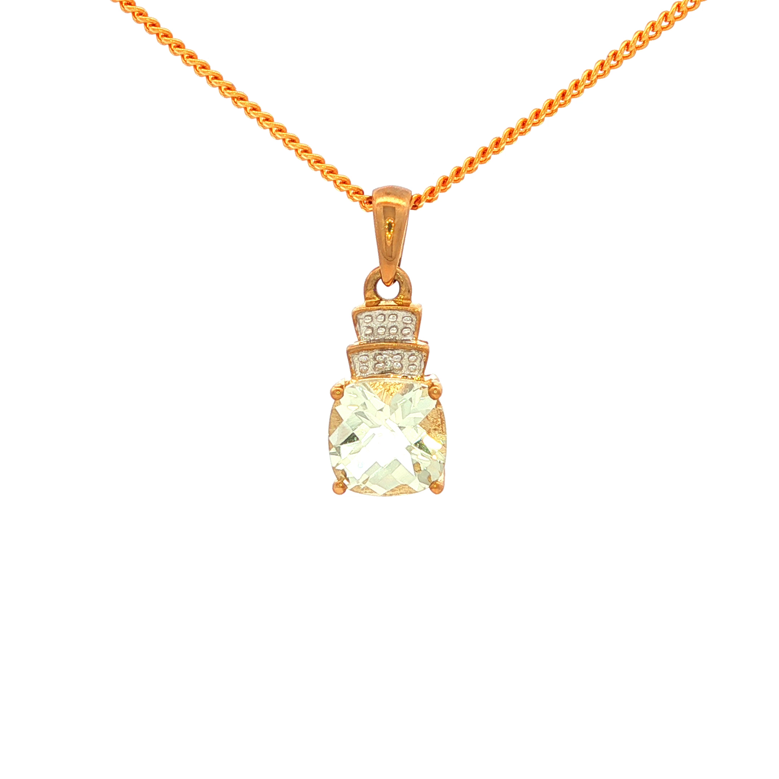 Green Amethyst and Diamond Pendant  in Yellow Gold
