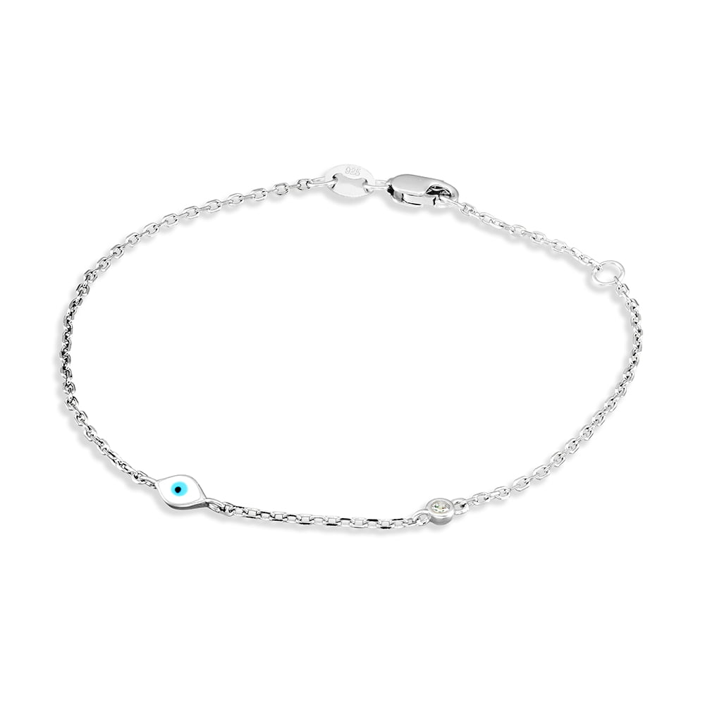 Sterling Silver Enamel Evil Eye with Single CZ Fine Link Bracelet
