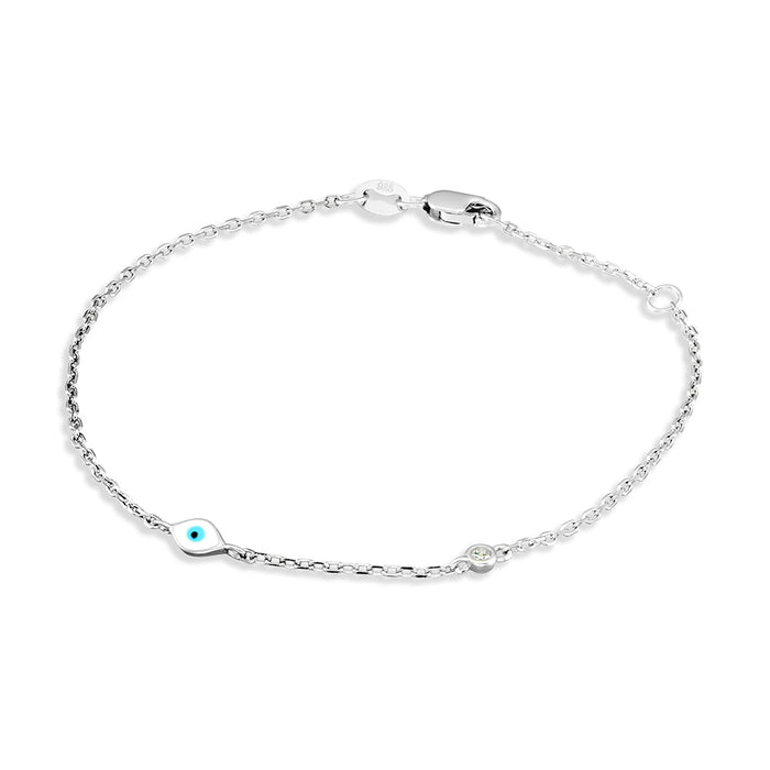Sterling Silver Enamel Evil Eye with Single CZ Fine Link Bracelet