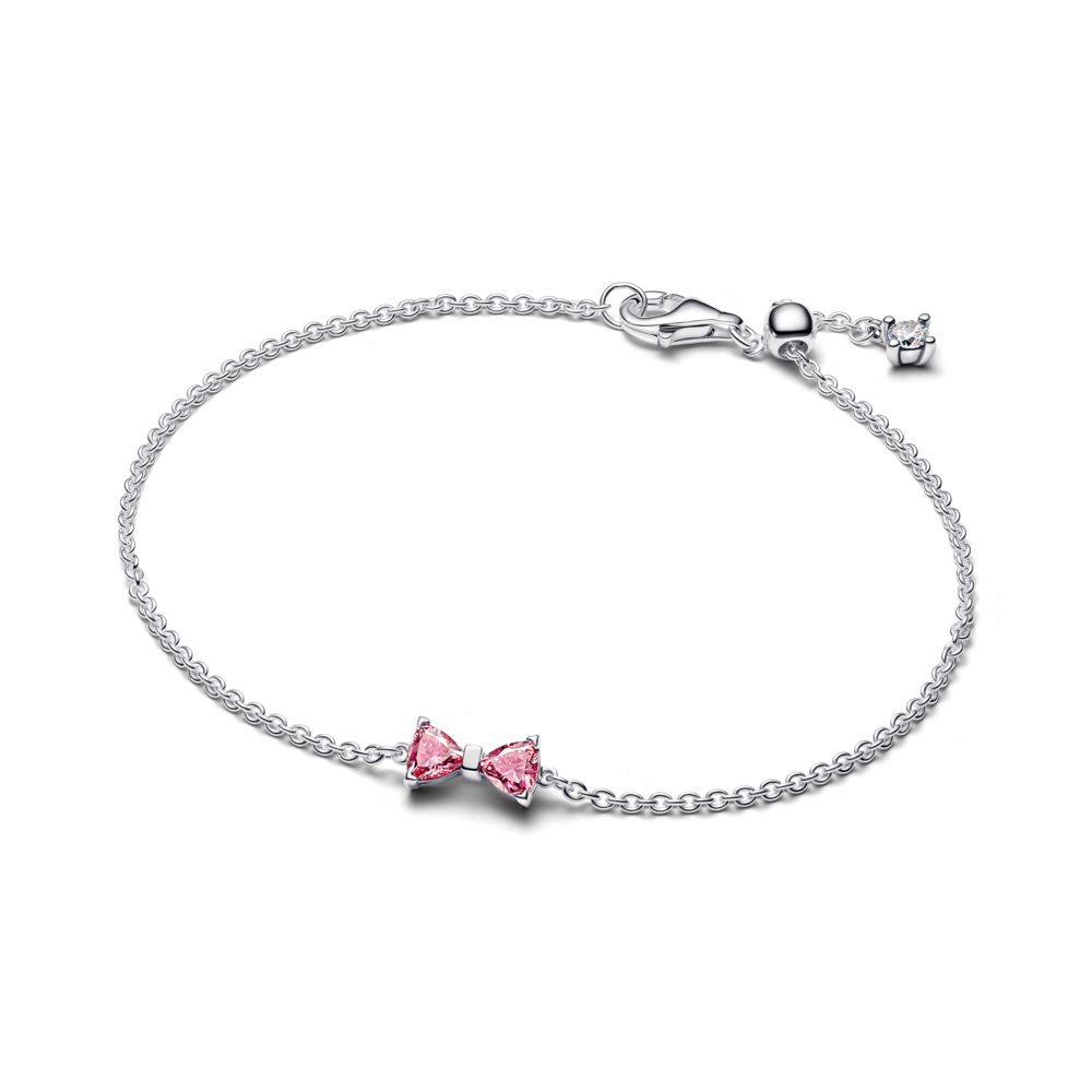 Bow sterling silver bracelet with fancy pink and clear cubic zirconia