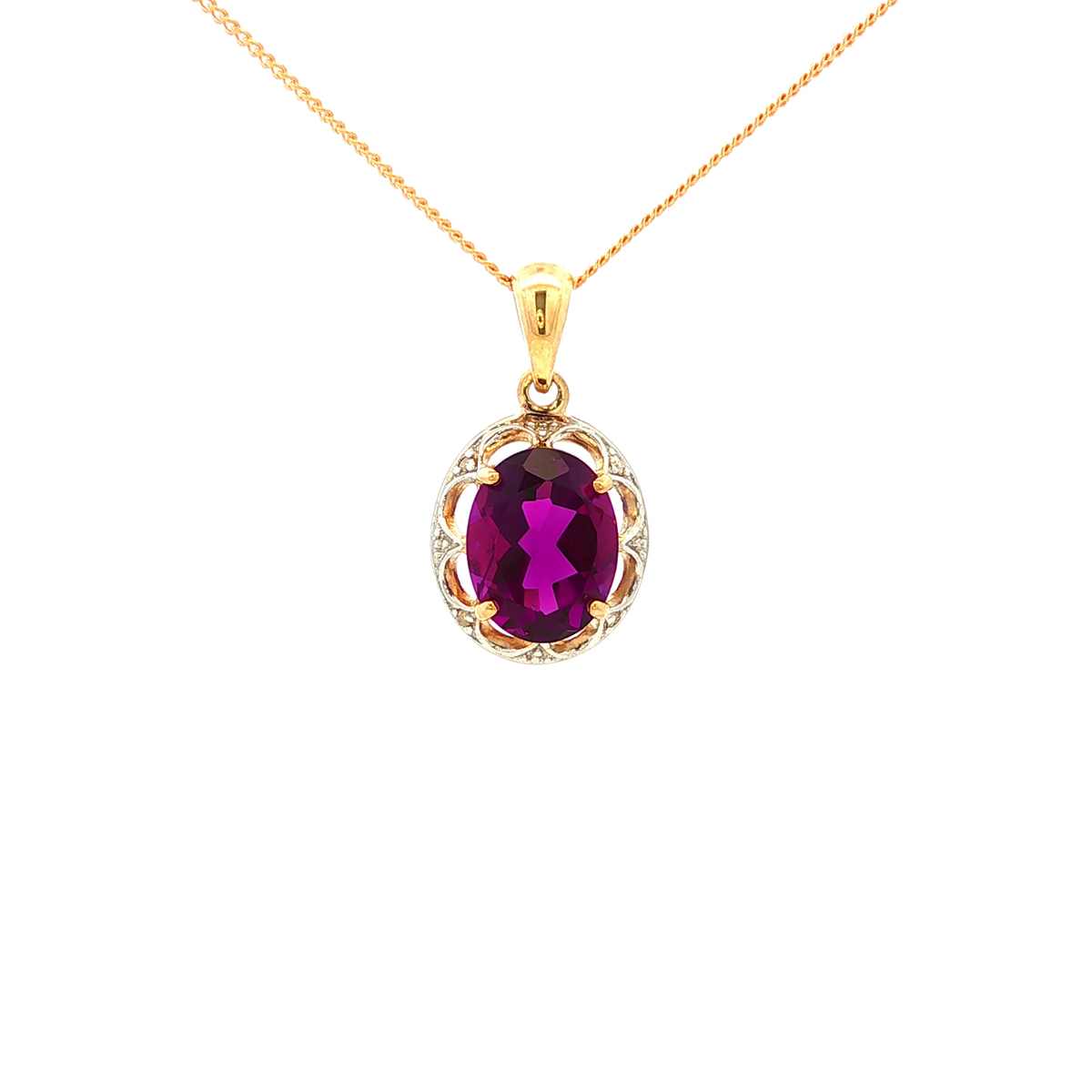 Amethyst and Diamond Pendant on a 9ct Yellow Gold Chain