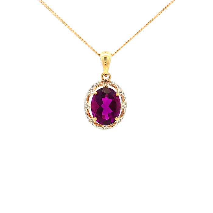 Amethyst and Diamond Pendant on a 9ct Yellow Gold Chain